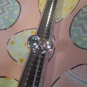 Double Stone Sterling Silver Ring with Light Blue Topaz Gem and Cultered Pearl